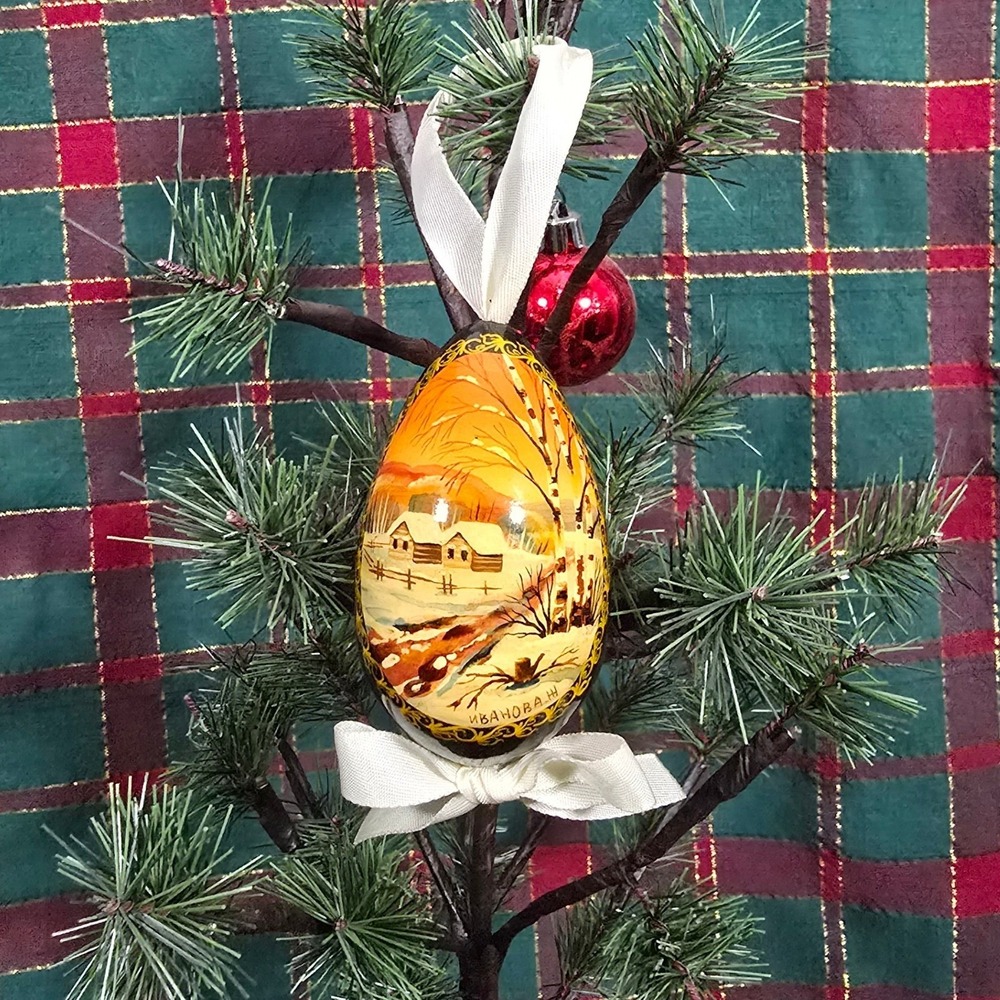 Hand Painted Laquered Russian Egg Ornament Winter‎ Village Birch Trees Signed